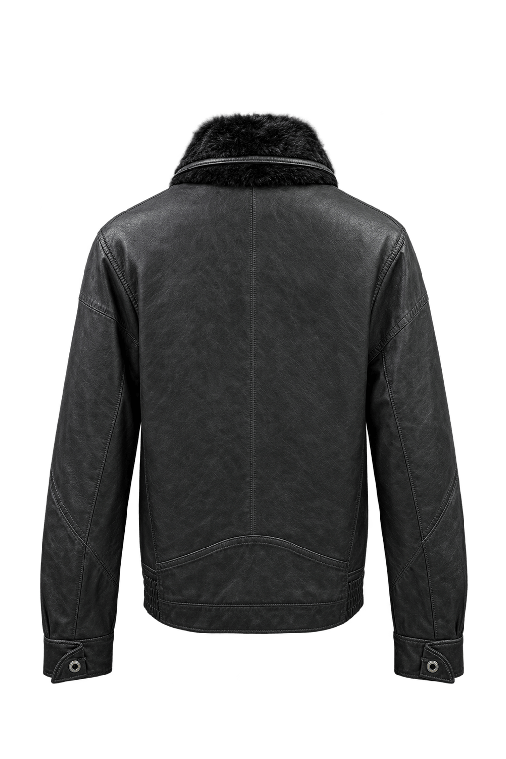 1980s Black Leather Fur-Trimmed Leather Jacket - Back View