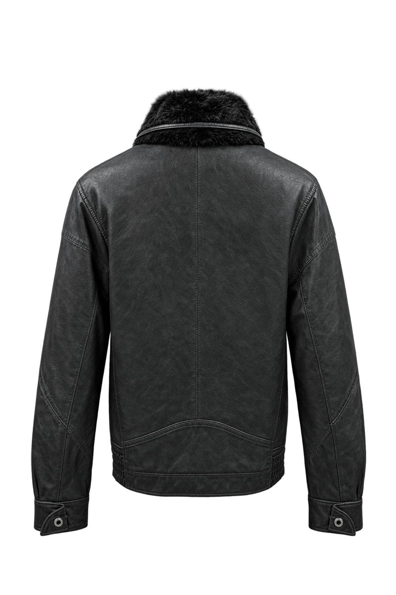 1980s Black Leather Fur-Trimmed Leather Jacket - Back View