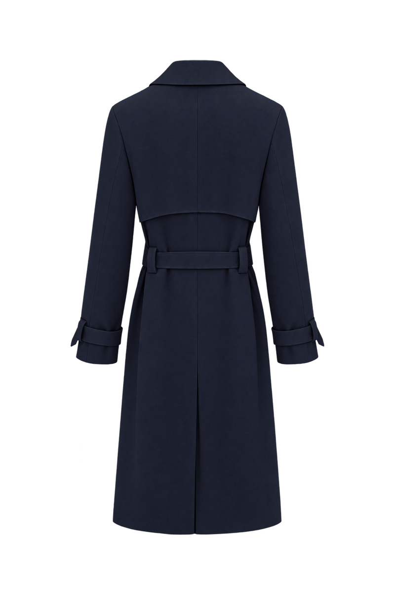 1980s Dark Navy Blue Unknown Woven Fabric Trench Coat - Back View