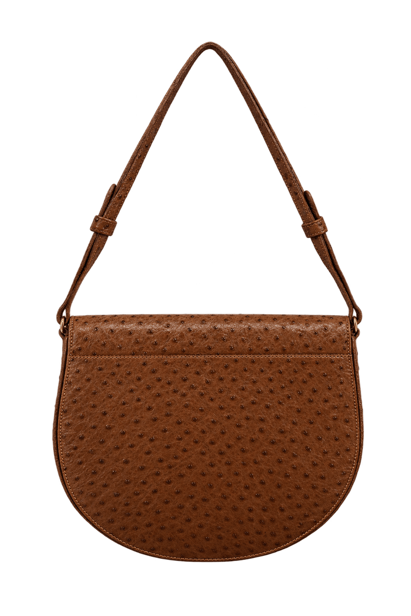 1980s Warm Medium Brown Ostrich-Textured Leather Shoulder Bag - Back View