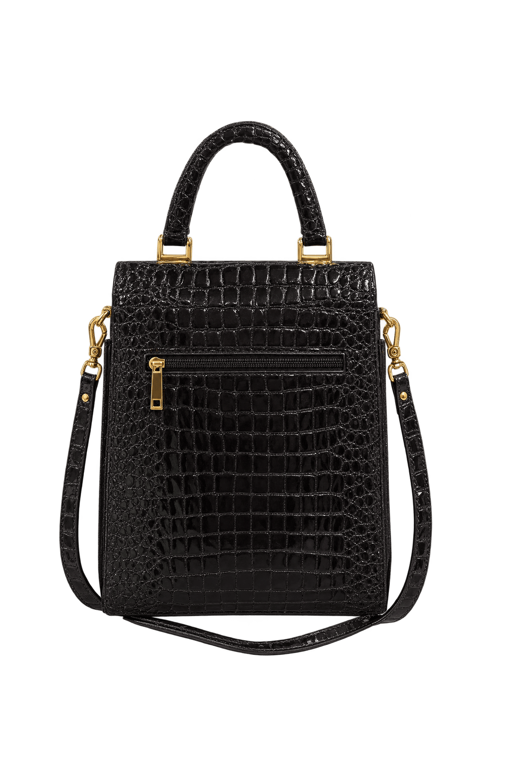 1980s Glossy Black Embossed Leather-Look Handbag - Back View