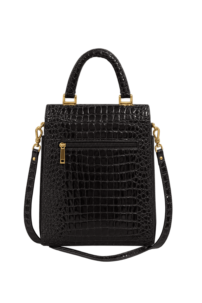 1980s Glossy Black Embossed Leather-Look Handbag - Back View