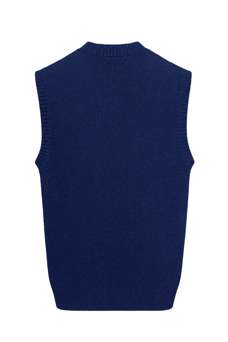 1980s Navy Blue Knit Vest - Back View