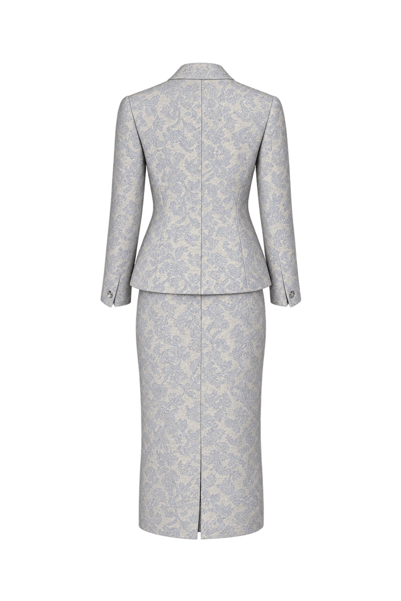 1980s Pale Blue Woven Jacquard Skirt Suit - Back View