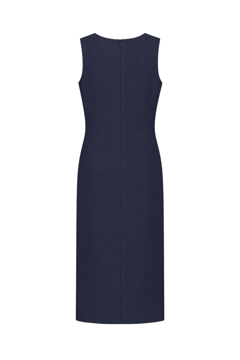 1990s Dark Navy Blue Unverified Woven Fabric Midi Dress - Back View