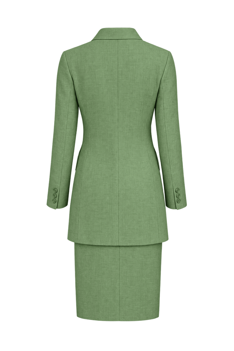 1970s Soft Leaf Green Woven Fabric Skirt Suit - Back View