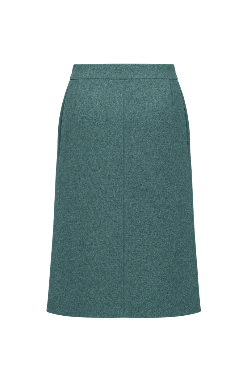 1980s Muted Teal Green Wool Skirt - Back View