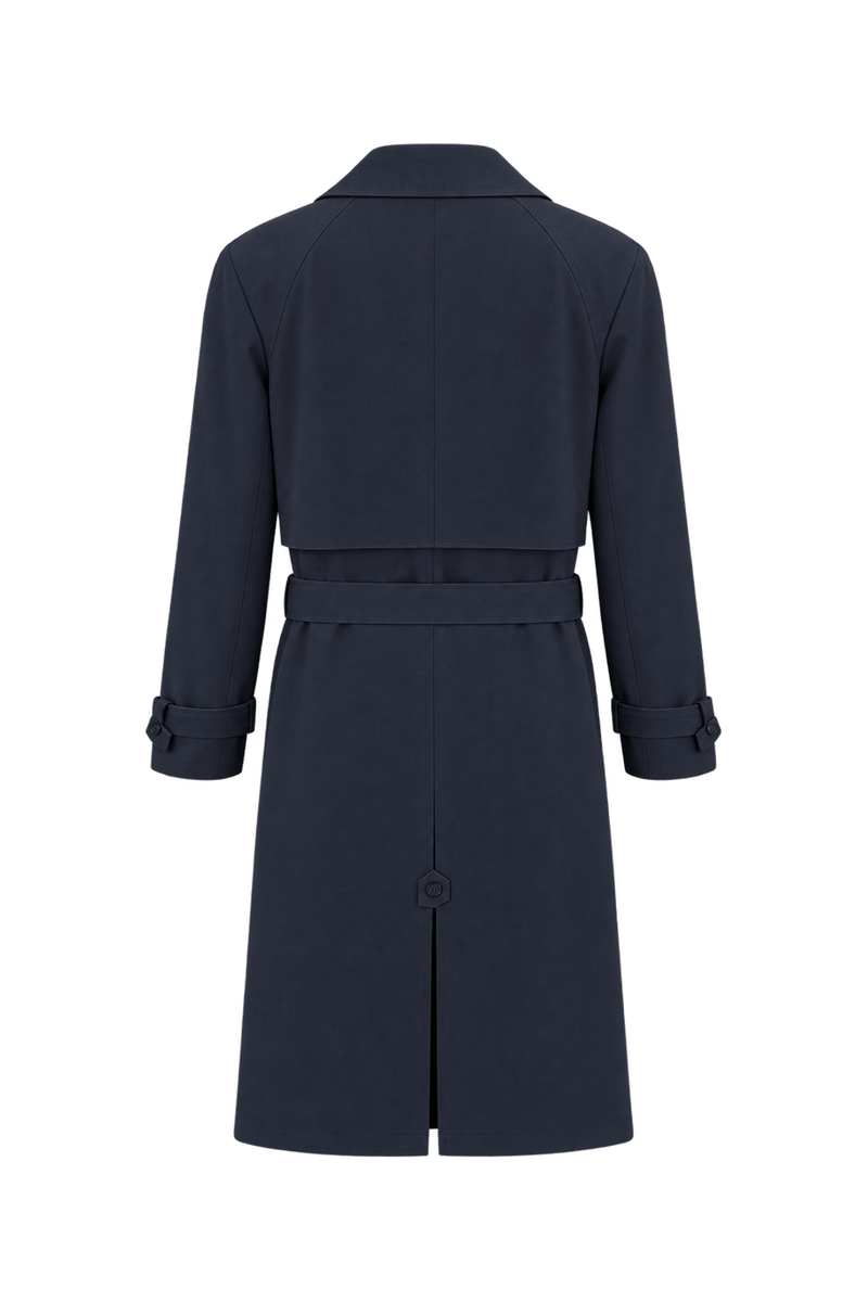 1990s Very Dark Navy Blue Cotton Trench Coat - Back View