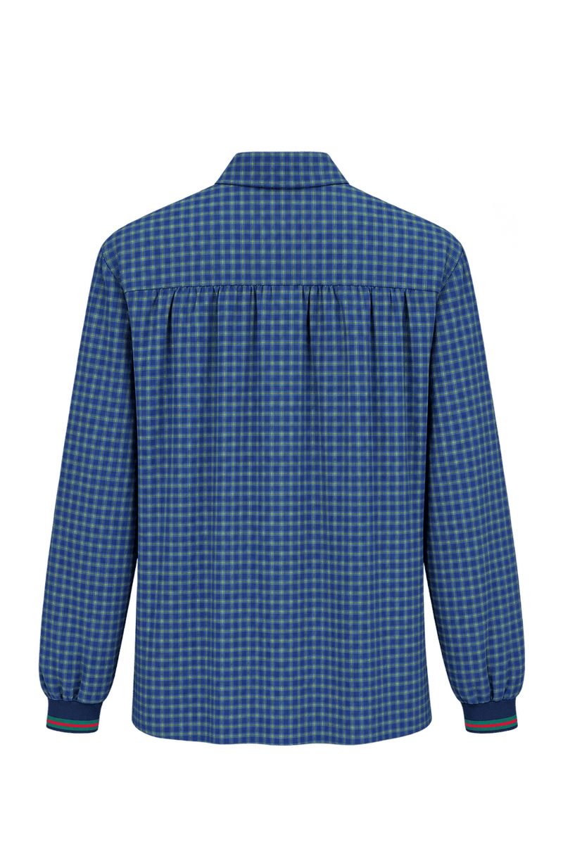 1980s Navy Blue Plaid Woven Fabric Blouse - Back View