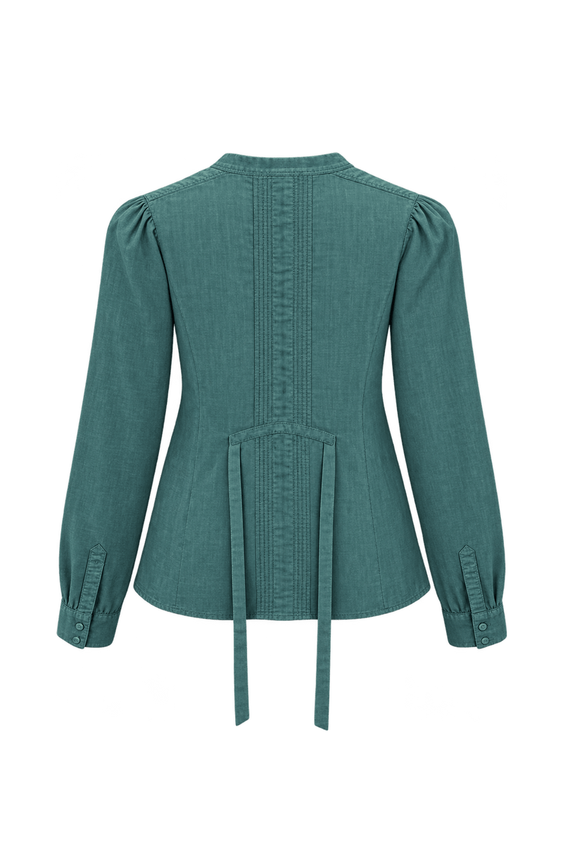 1990s Muted Blue-Green Woven Blouse - Back View