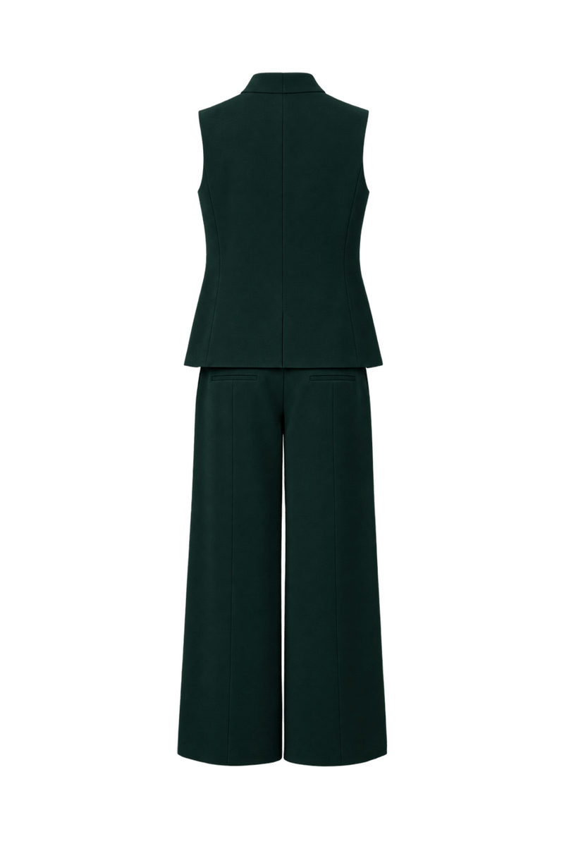 1970s Very Dark Forest Green Woven Fabric Sleeveless Top and Wide-Leg Pants Set - Back View