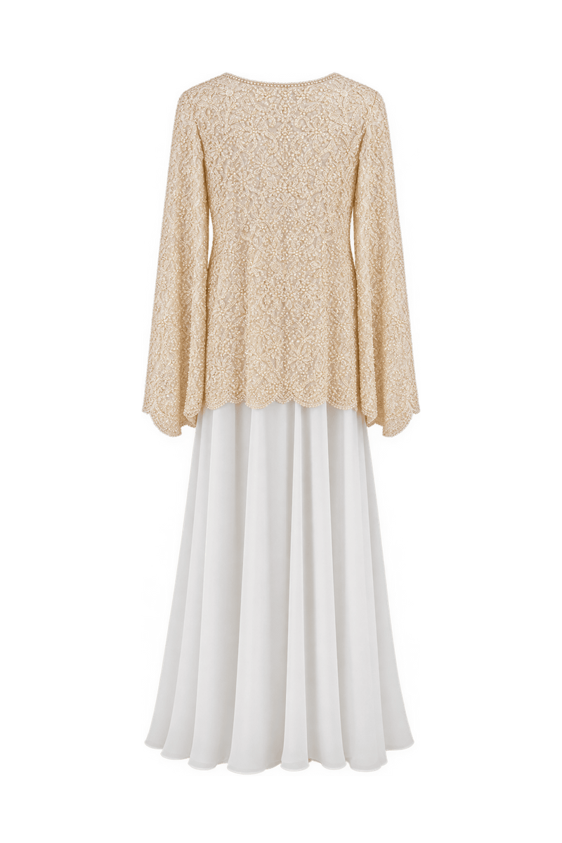 1980s Ivory White Beaded Lace Gown - Back View