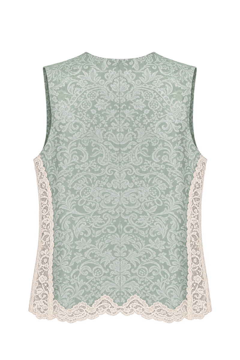 1990s Pale Mint Satin Jacquard Tank Top - Back View