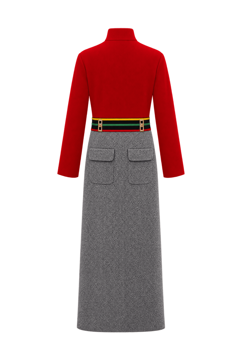 A bright red, long-sleeved maxi dress with a high neck and a close-fitting ribbe - Back View