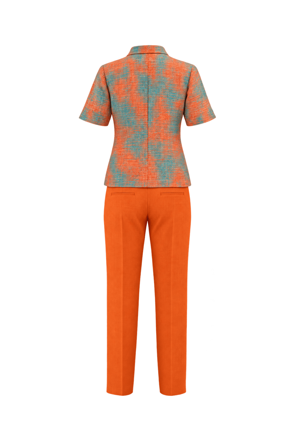 1980s Coral Orange Slubbed Woven Blouse and Trousers Set - Back View