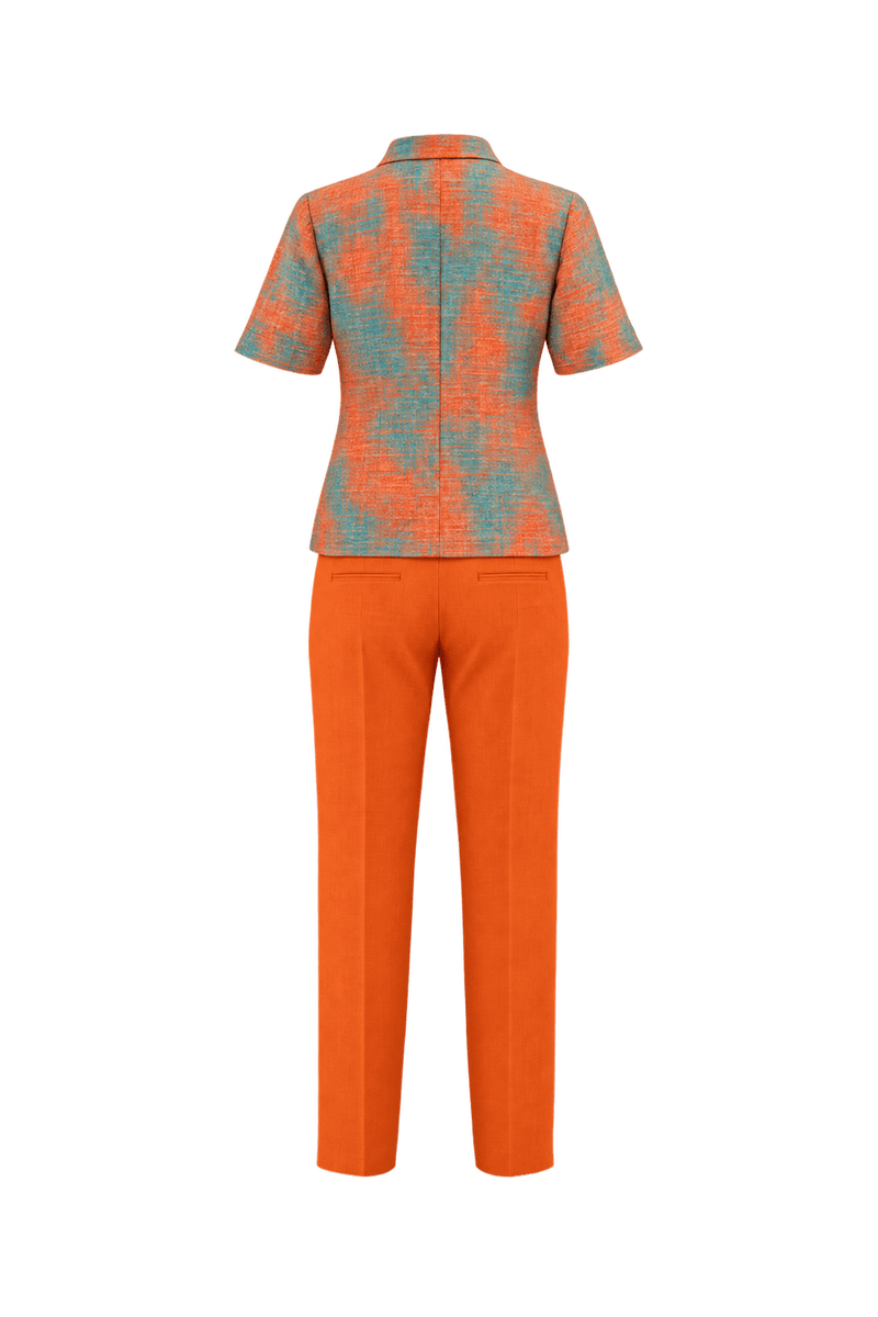 1980s Coral Orange Slubbed Woven Blouse and Trousers Set - Back View
