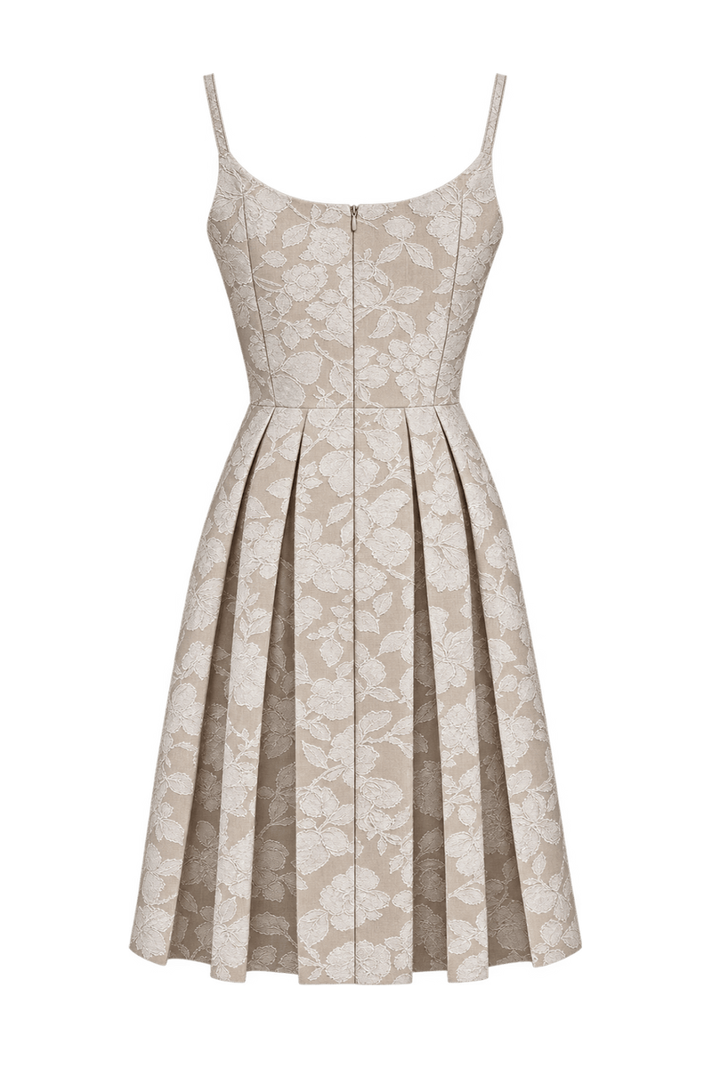 1990s Champagne Beige Woven Brocade Dress - Back View