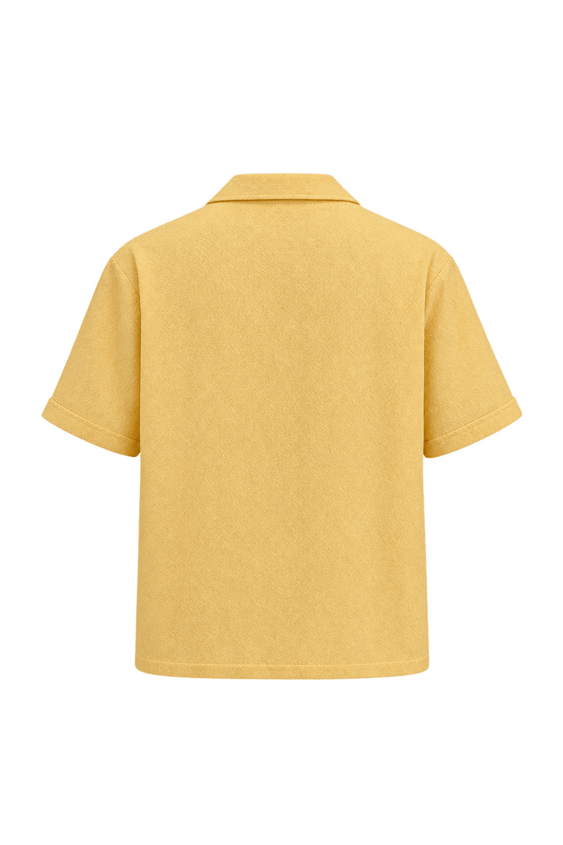 1980s Butter Yellow Woven Fabric Camp Collar Shirt - Back View