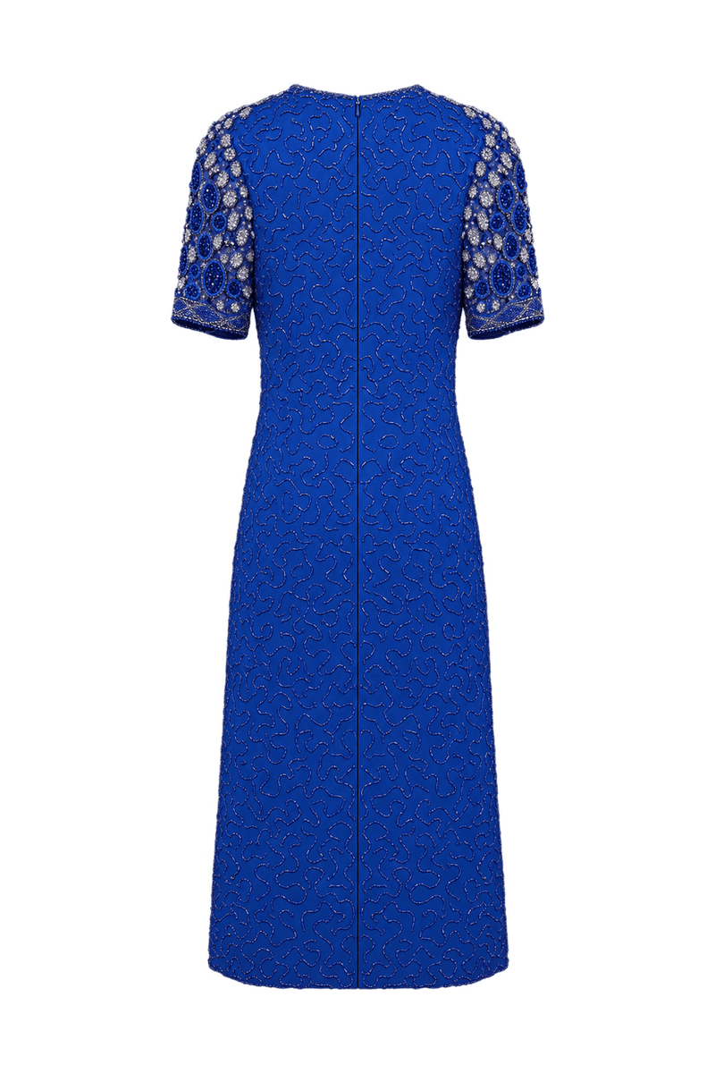 1980s Cobalt Blue Synthetic Midi Dress - Back View
