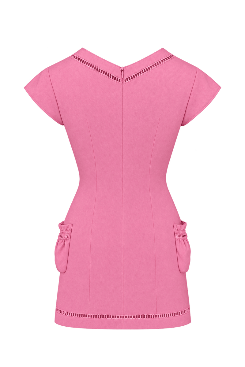 1970s Bright Pink Woven Mini Dress - Back View