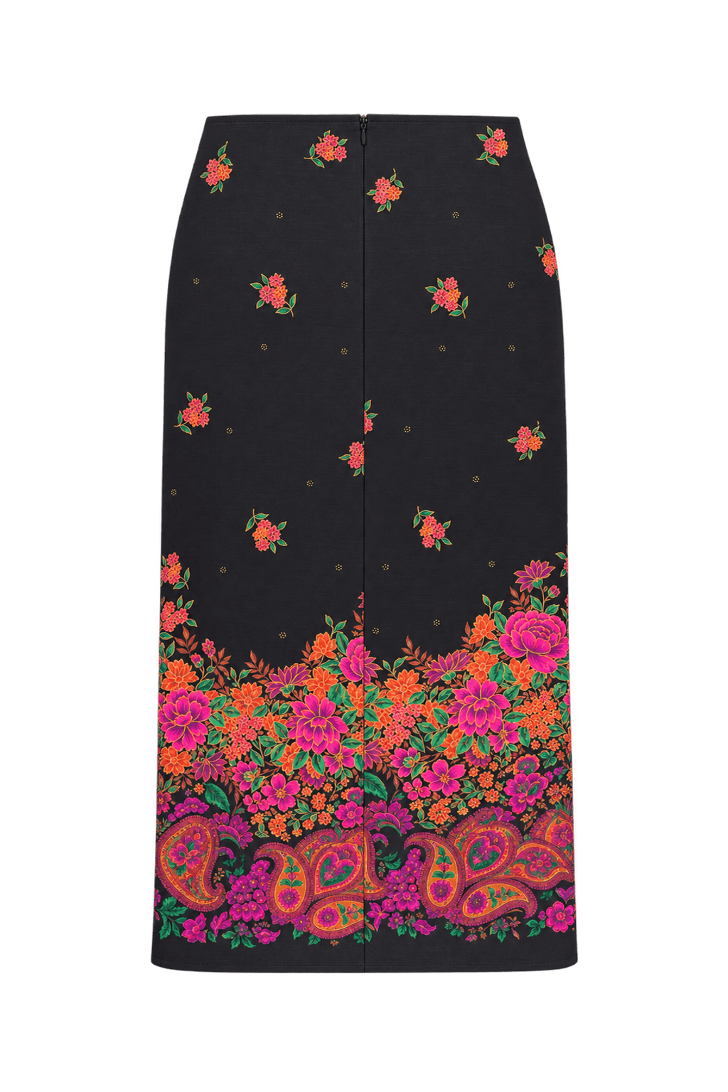 1970s Black Woven Skirt with Floral & Paisley Print - Back View