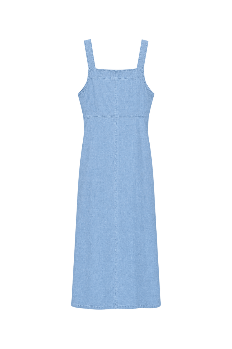 1970s Light Washed Blue Cotton Chambray Midi Dress - Back View