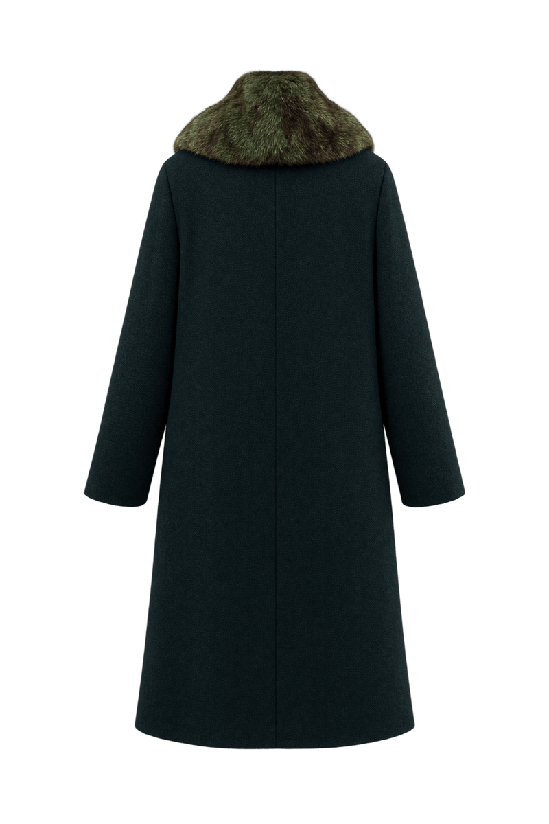 1960s Black Woven Coat with Dark Brown Fur Collar - Back View