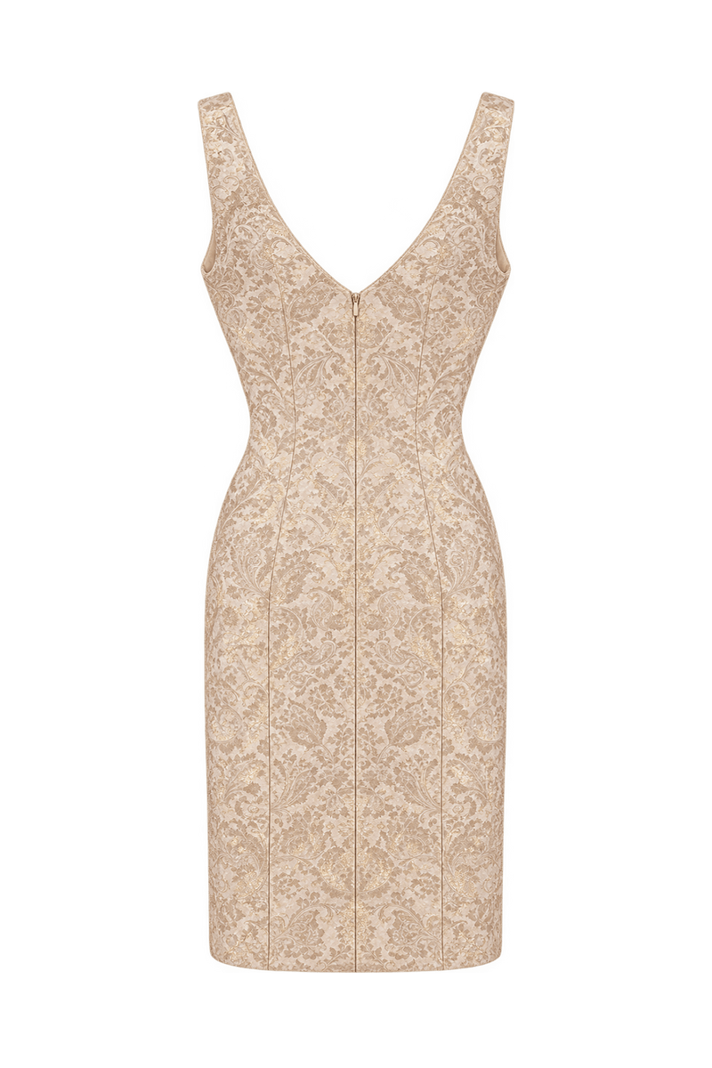 1950s Champagne Cream Woven Brocade Dress - Back View