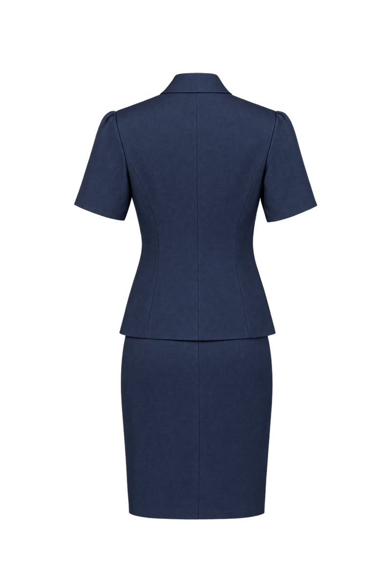 1980s Navy Blue Woven Fabric Skirt Suit - Back View
