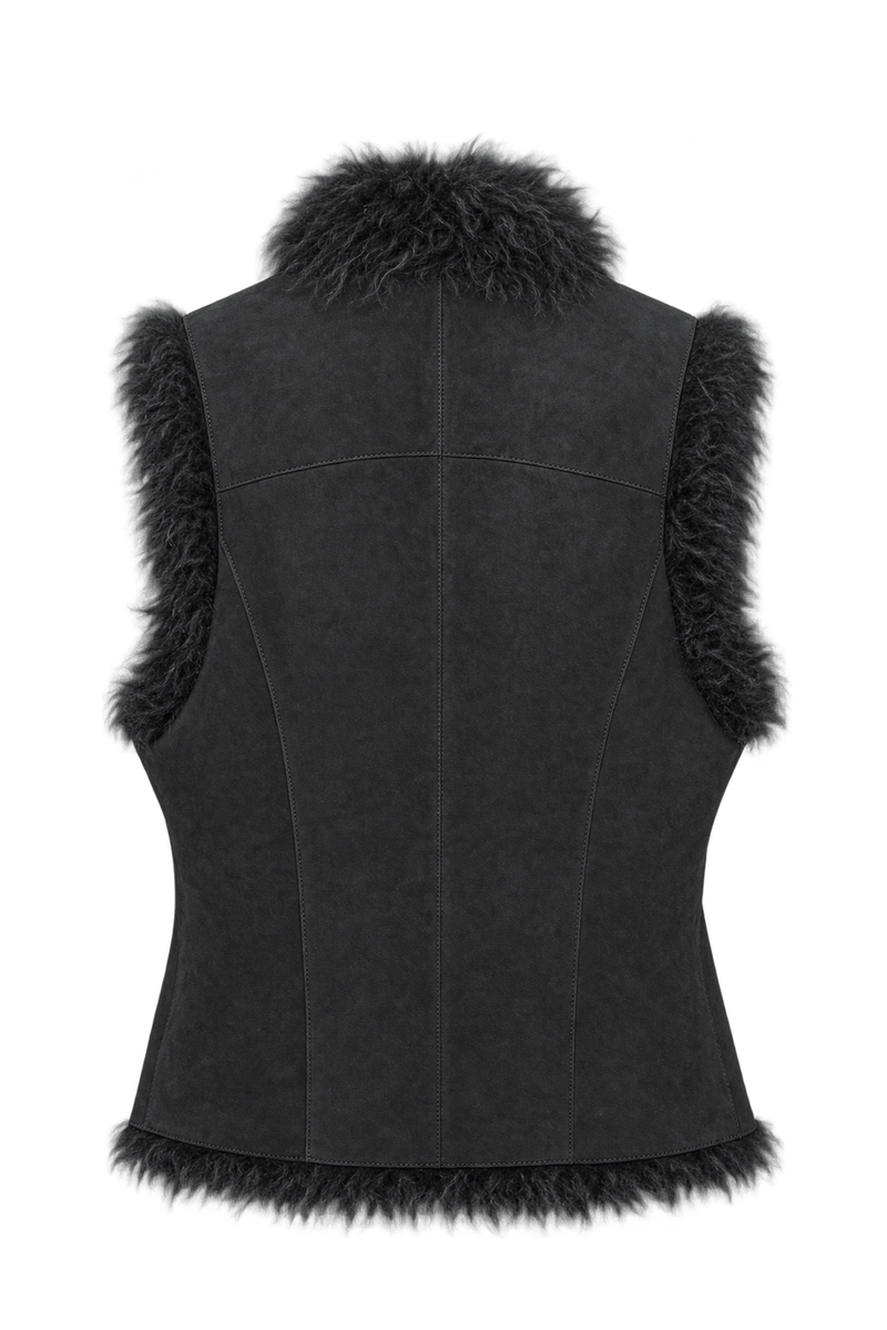 1980s Black Shearling Vest - Back View
