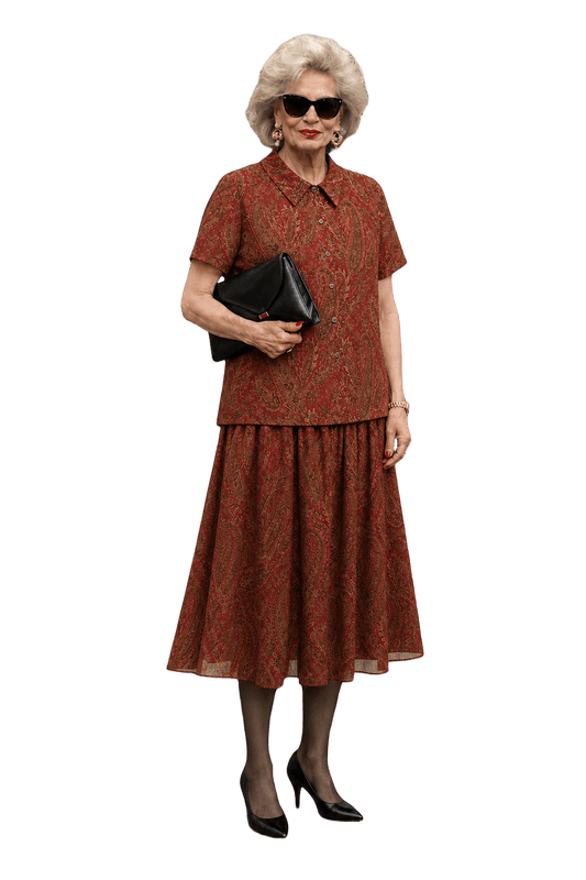 1990s Red Cotton Blend Blouse + Skirt - Model