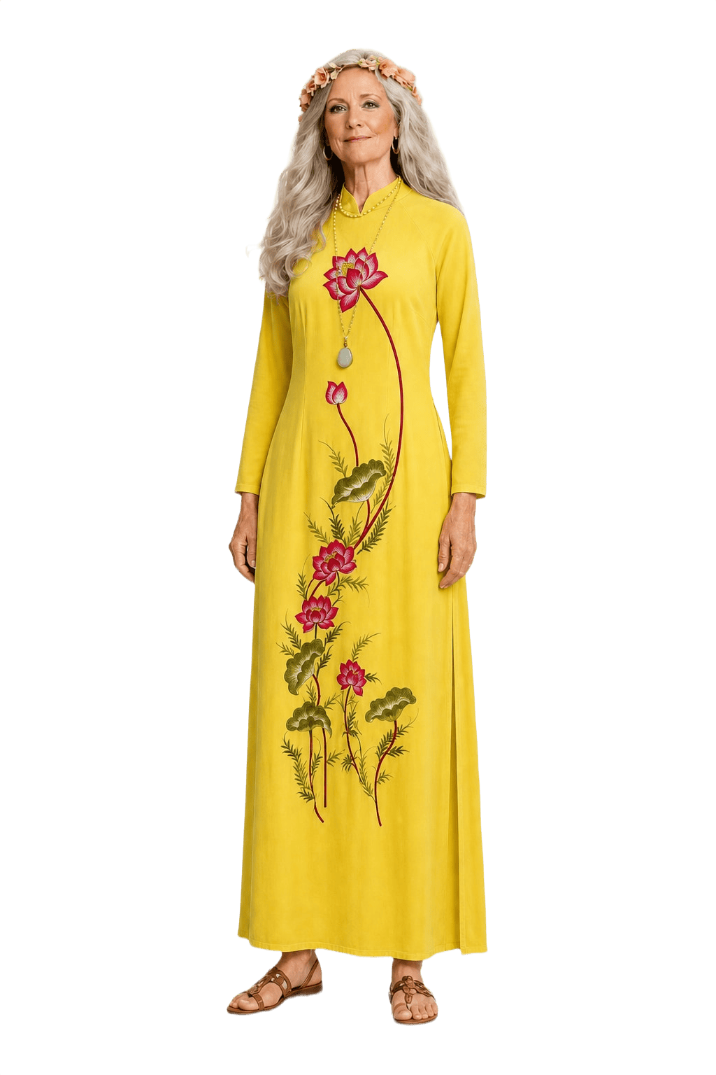 1970s Bright Yellow Silk Maxi Dress - Model