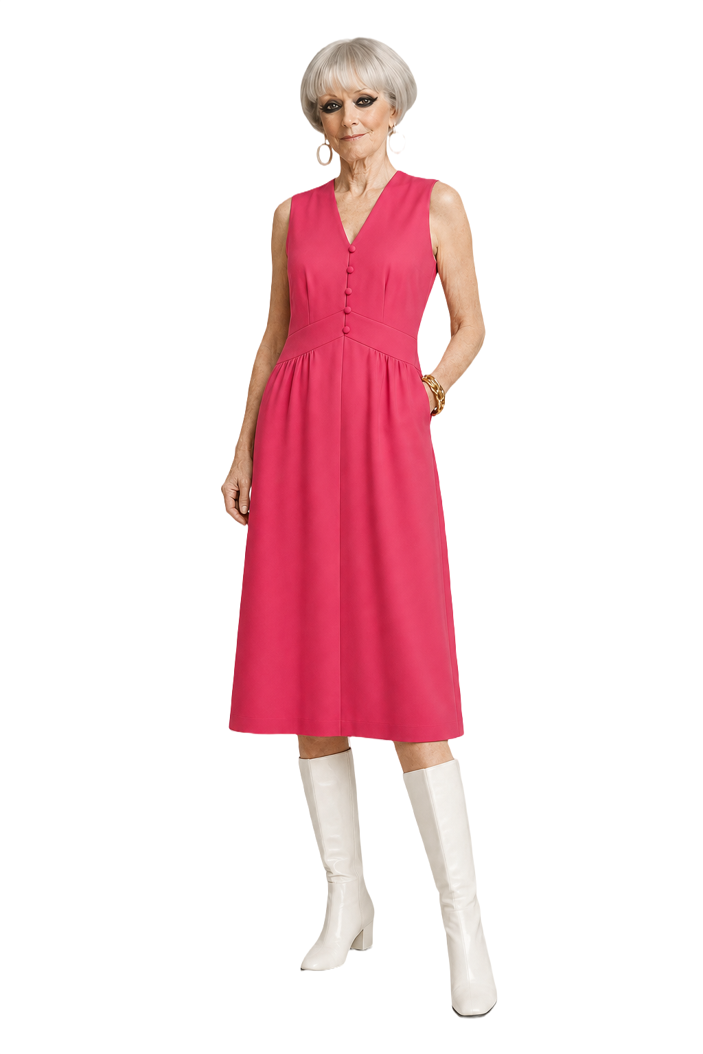 1960s Bright Pink Synthetic Blend Midi Dress - Model