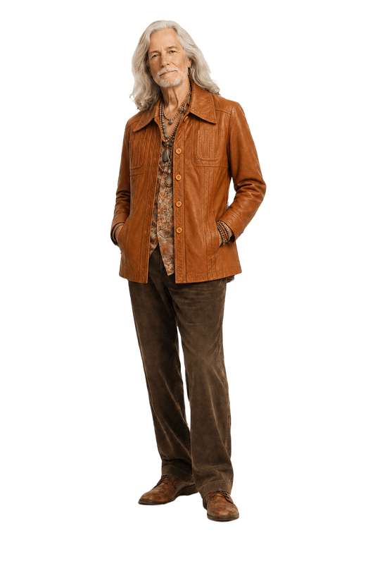 1970s Cognac Orange Leather Jacket - Model