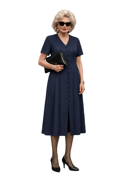 1980s Navy Blue Polyester Blend Dress - Model