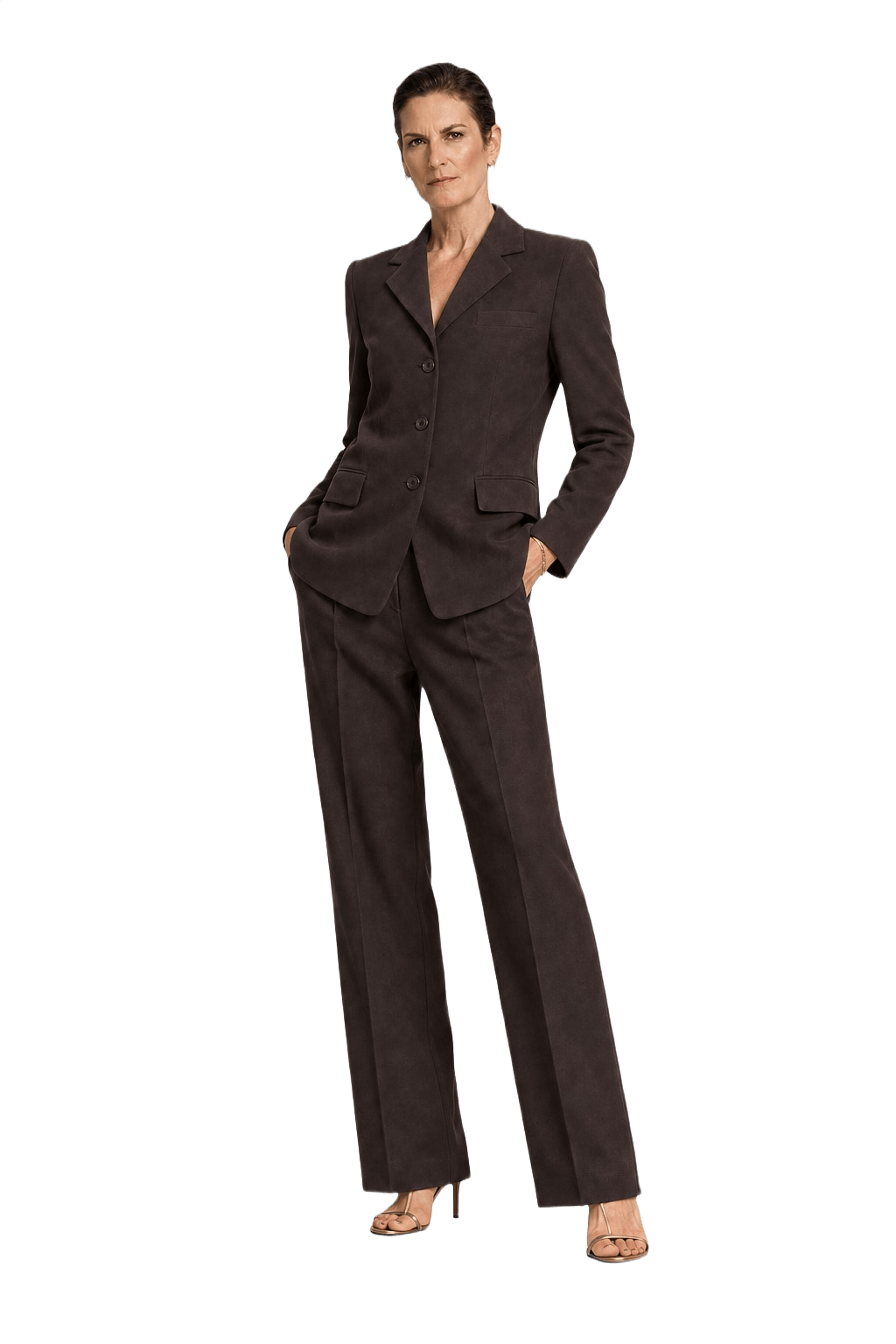 1990s Dark Brown Wool Blend Pantsuit - Model