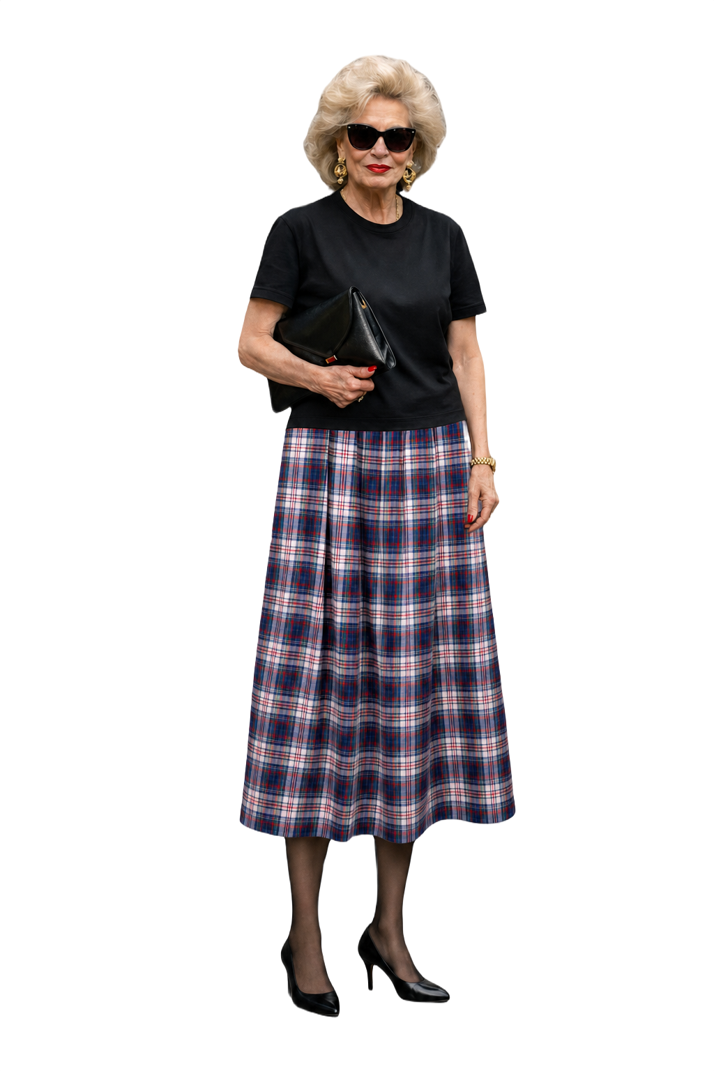 1990s Blue Cotton Plaid Skirt - Model