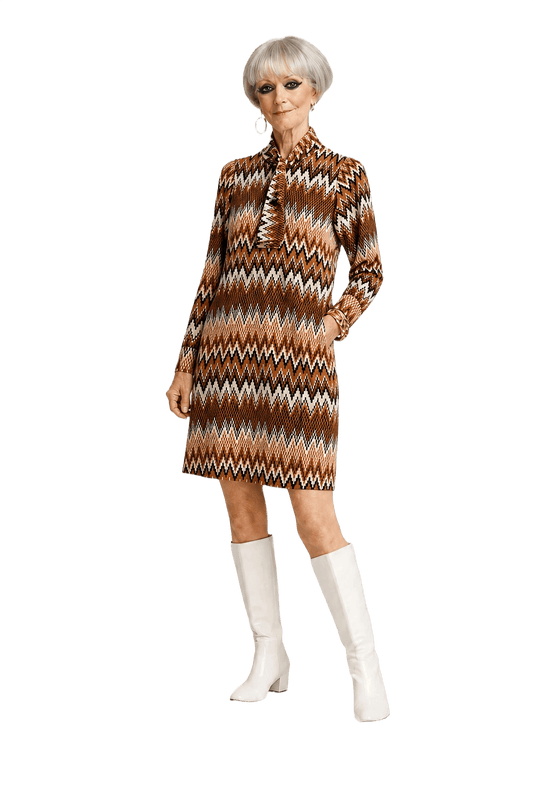 [1960s] Brown Cream Polyester Shift Dress - Model