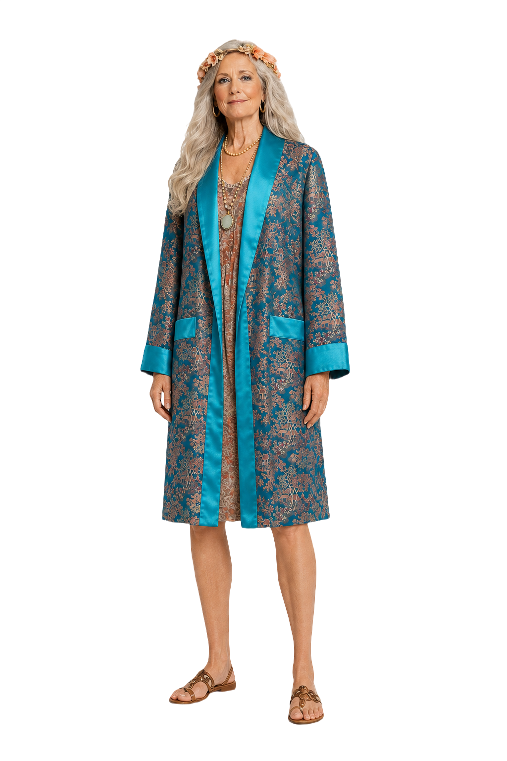 1970s Turquoise Silk Robe - Model