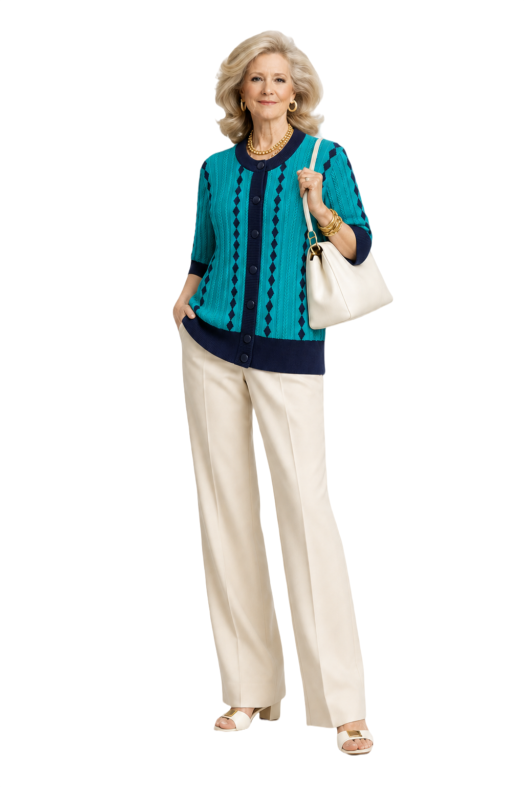 1970s Turquoise Cotton Blend Cardigan - Model