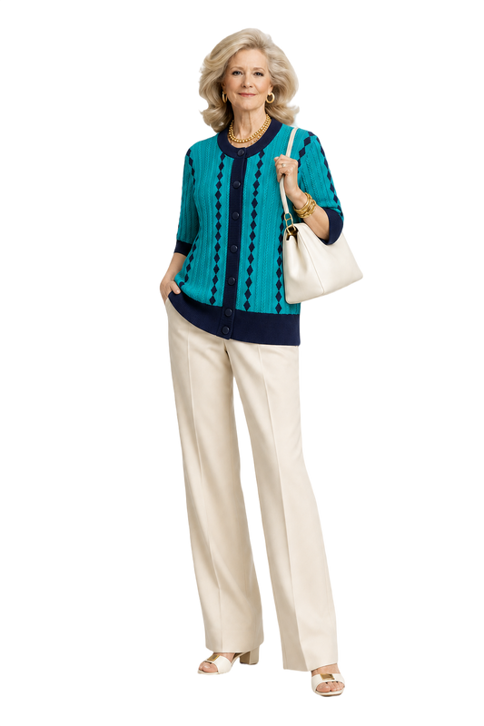 1970s Turquoise Cotton Blend Cardigan - Model