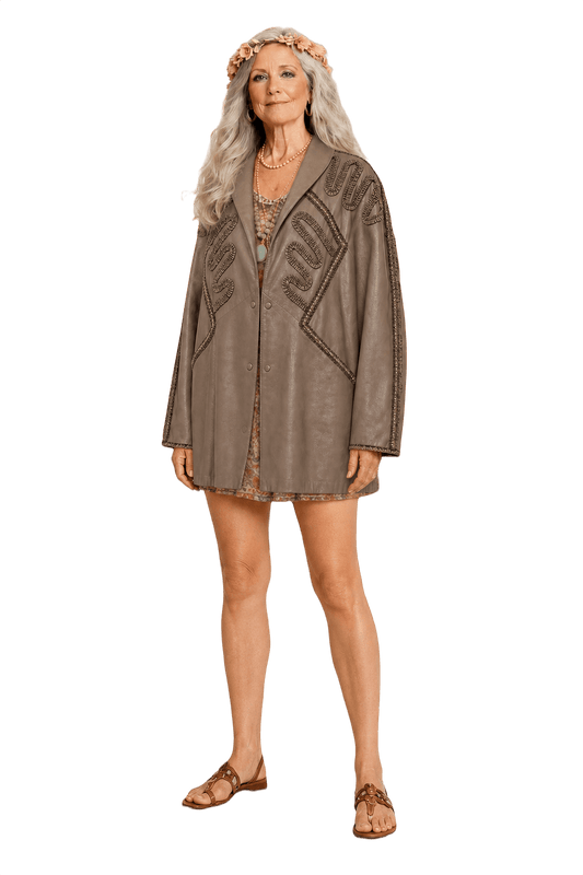 1970s Taupe Leather Jacket - Model