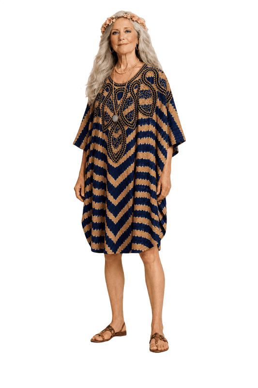1970s Navy Blue Cotton Blend Dress - Model