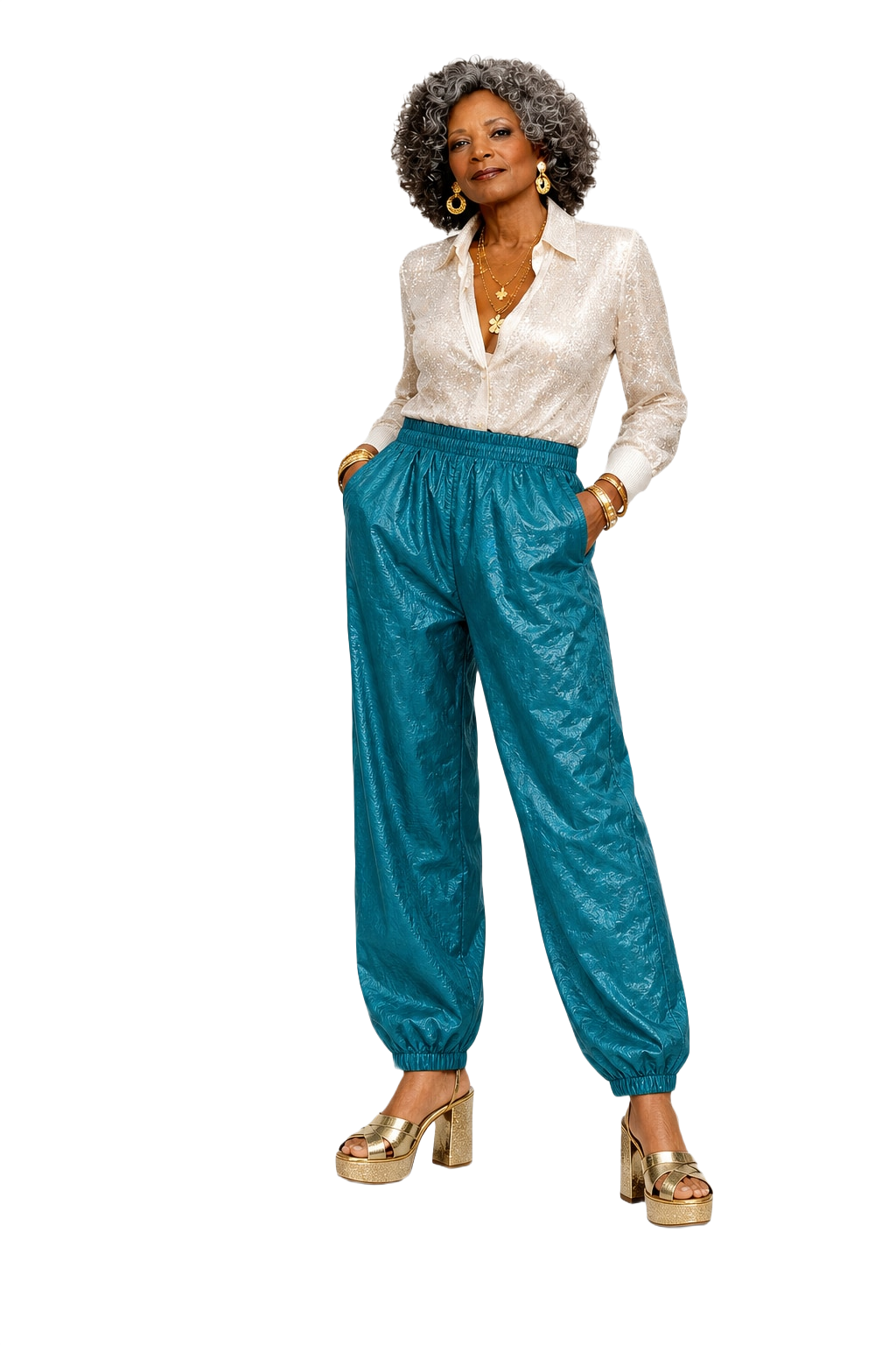 1980s Teal Nylon Pants - Model