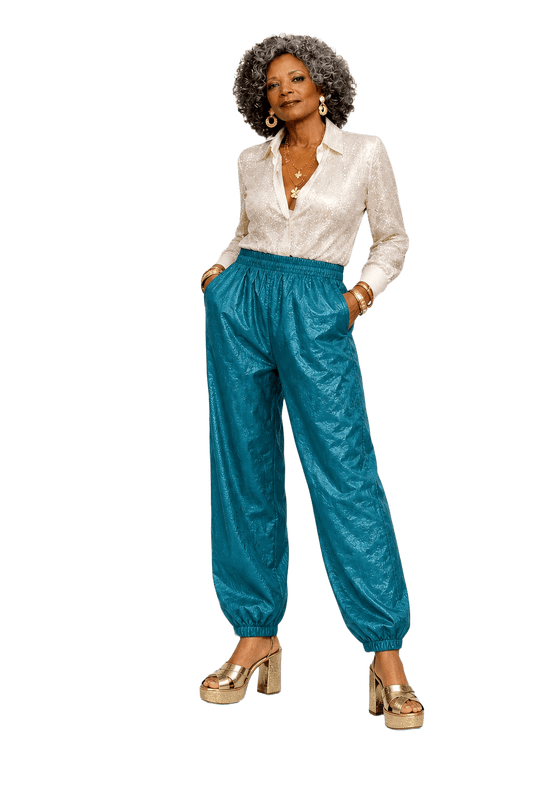 1980s Teal Nylon Pants - Model
