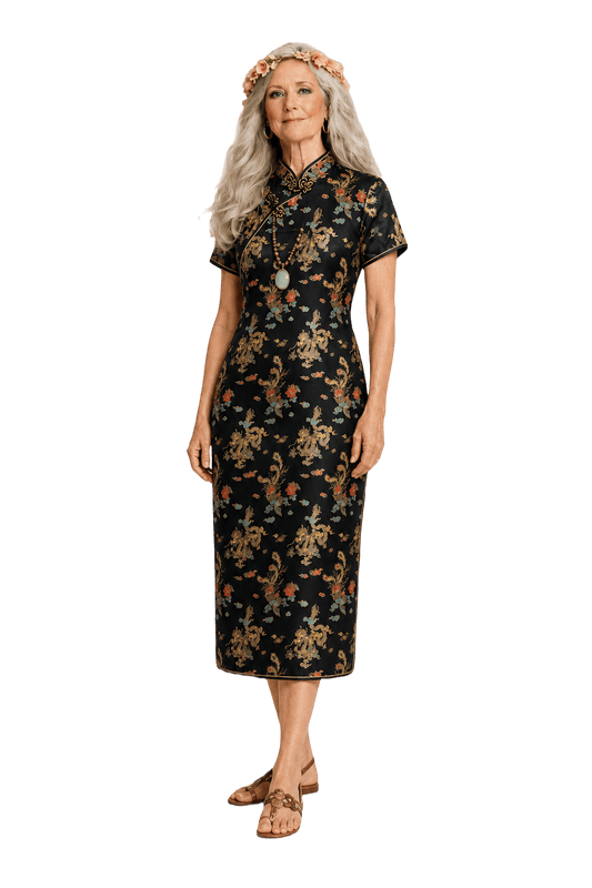 1980s Black Silk Cheongsam - Model