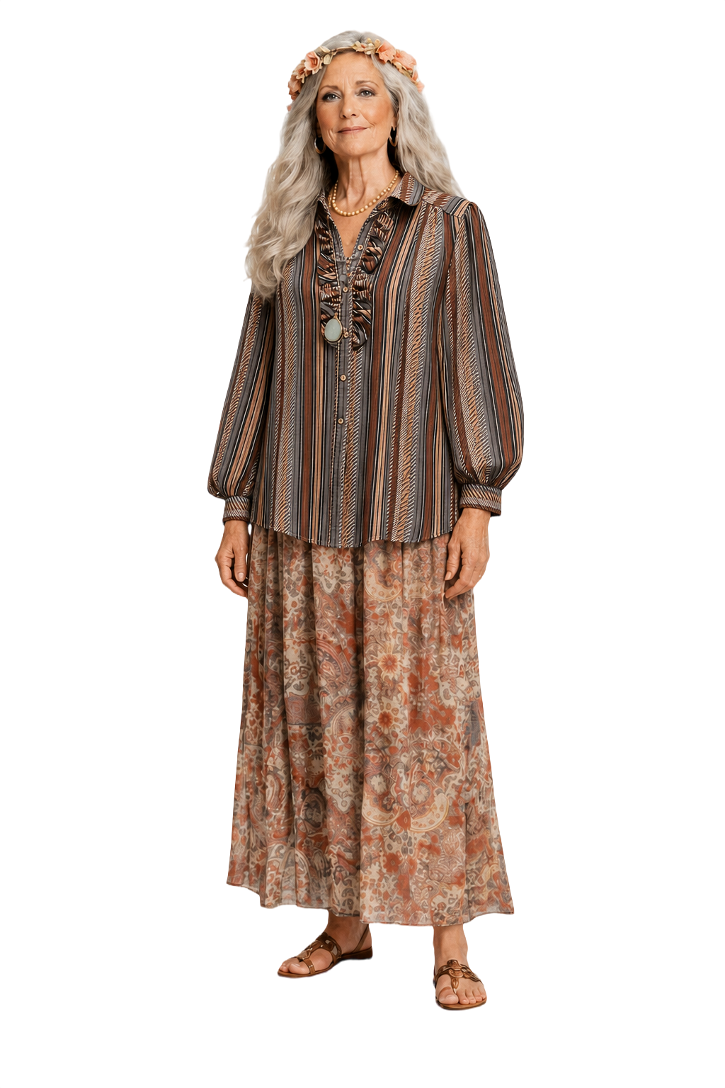 1980s Brown Striped Synthetic Blend Blouse - Model