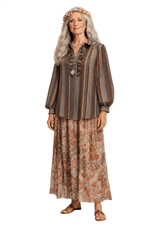 1980s Brown Striped Synthetic Blend Blouse - Model