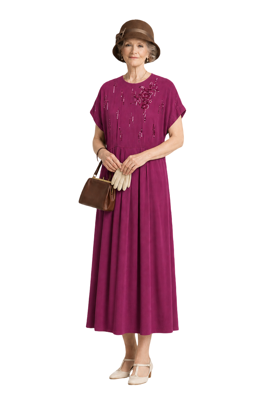 1940s Deep Magenta Silk Dress - Model