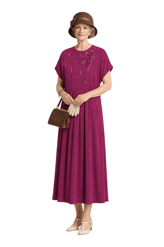 1940s Deep Magenta Silk Dress - Model
